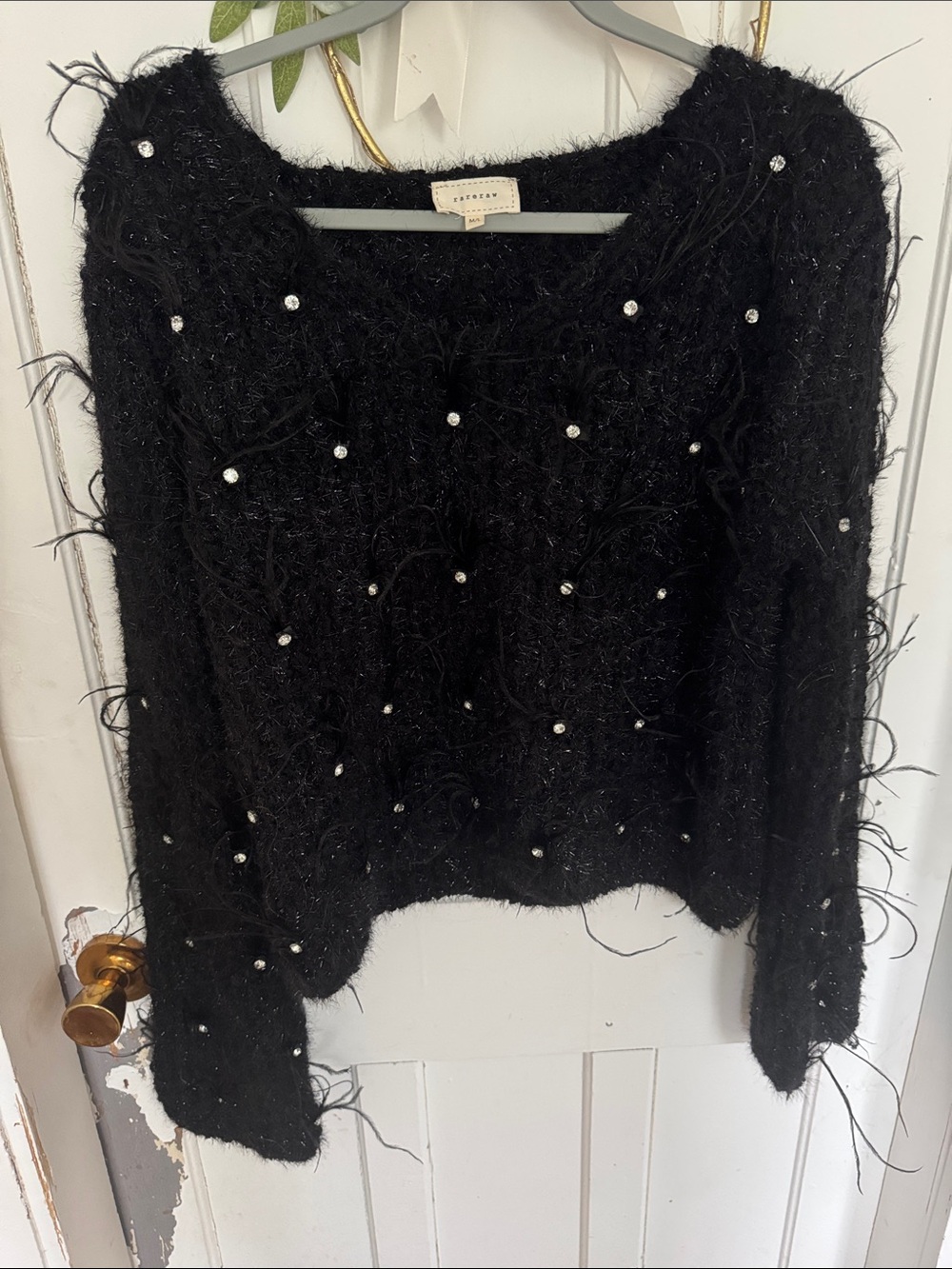 Black Faux-Fur Knit Sweater with Pearl Embellishments